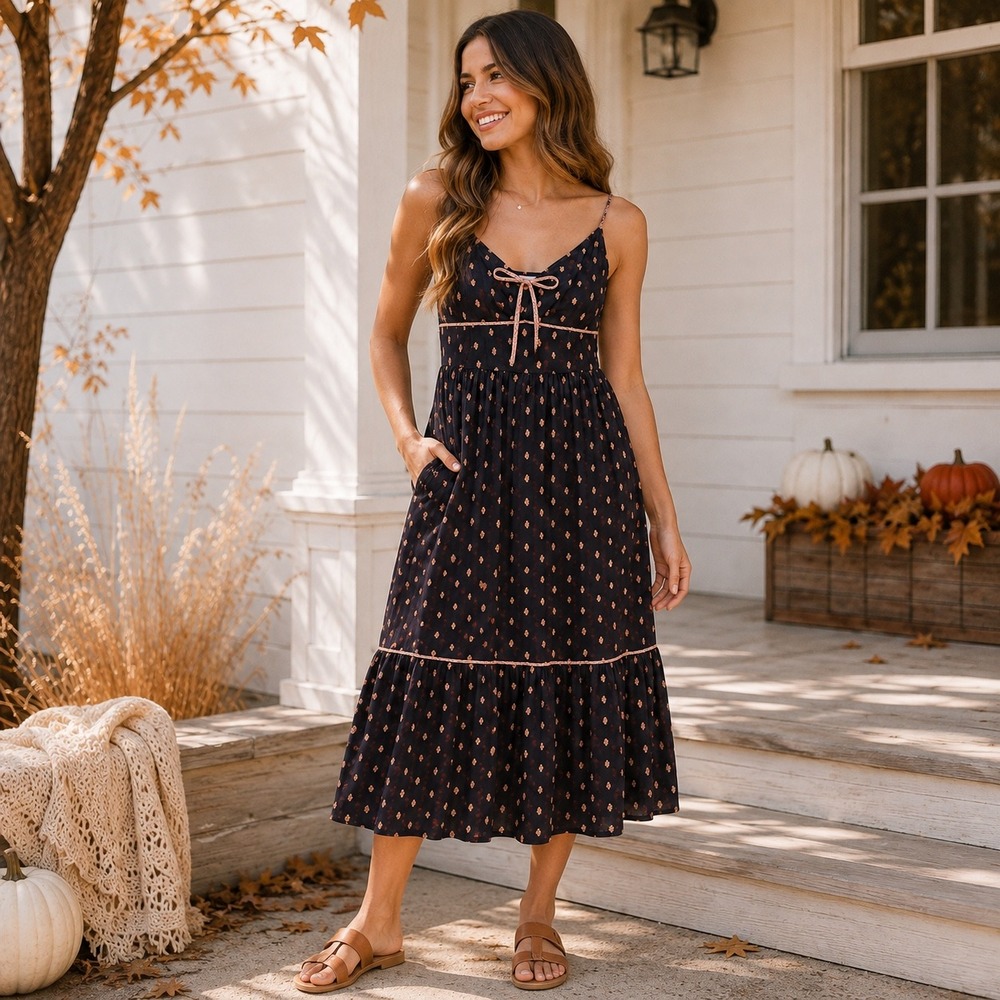 Universal Thread Brown Diamond Print Tiered Midi Dress XS Smocked Pockets Tie